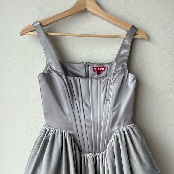 Staud Dress Landscape Silver Square‎ Neck Corset Velvet Satin Mini Dress Size 0 - Picture 3 of 9